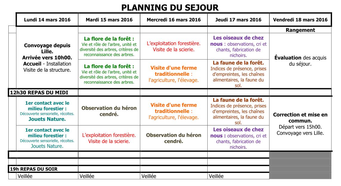 PLANNING DU SEJOUR – Ecole Boufflers-Monge (Lille)